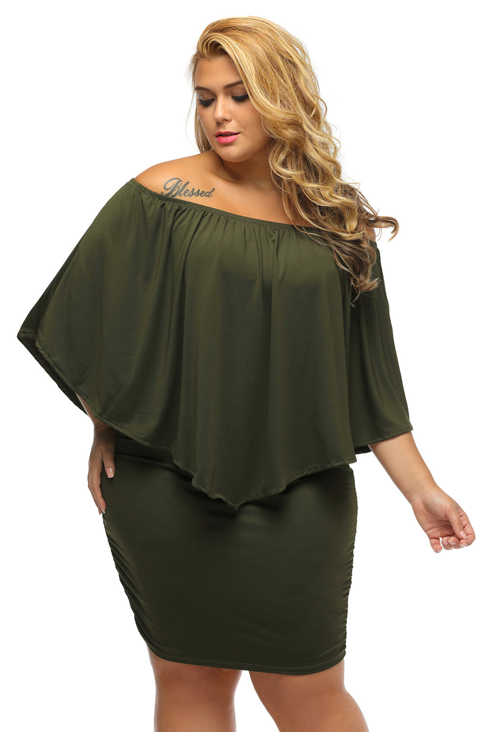 Plus Size Multiple Dressing Layered Army Green Mini Poncho Dress Plus Size Dresses JT's Designer Fashion