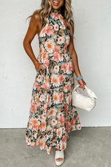 Black Knotted Halterneck Floral Ruffle Dress Dresses JT's Designer Fashion