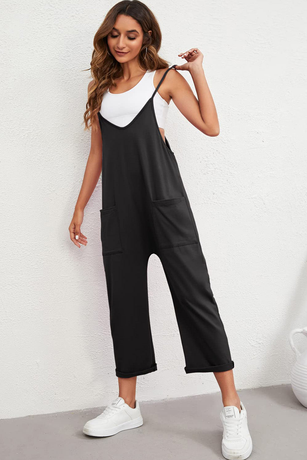 Black Pocketed Adjustable Spaghetti Strap Straight Leg Jumpsuit Jumpsuits & Rompers JT's Designer Fashion