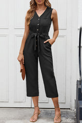Black Buttoned Sleeveless Cropped Jumpsuit with Sash Jumpsuits & Rompers JT's Designer Fashion