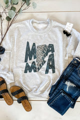 Gray MAMA Lightning Leopard Print Long Sleeve Sweatshirt Graphic Sweatshirts JT's Designer Fashion