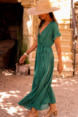 Blackish Green Wrap V-neck Pleated Short Sleeve Maxi Dress Dresses JT's Designer Fashion