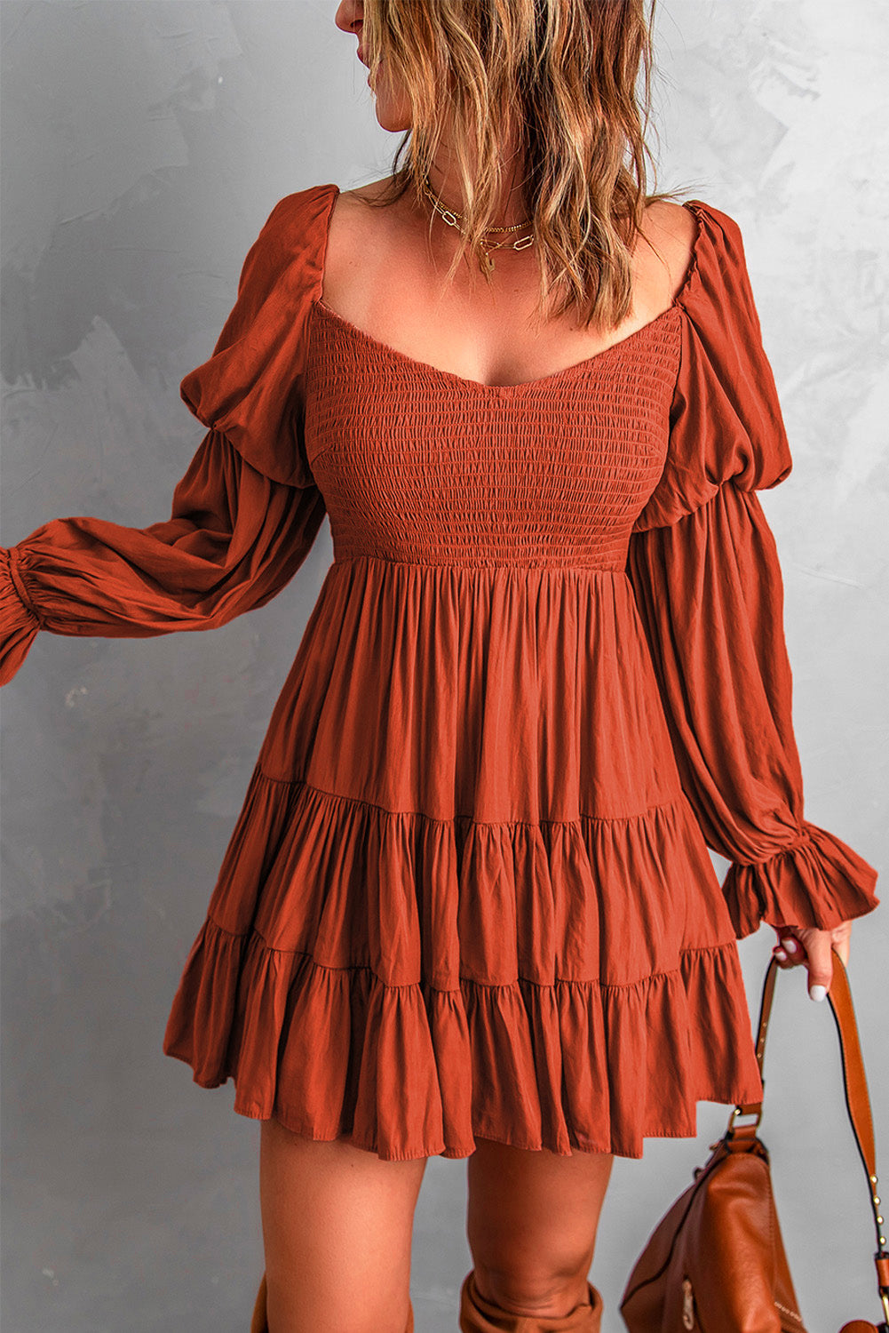 Brown Boho Solid Shirred Ruffle Mini Dress Mini Dresses JT's Designer Fashion