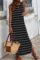 Black Stripe Print Open Back Sleeveless Long Dress with Slits Maxi Dresses JT's Designer Fashion