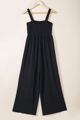Black Smocked Sleeveless Wide Leg Jumpsuit with Pockets Jumpsuits & Rompers JT's Designer Fashion