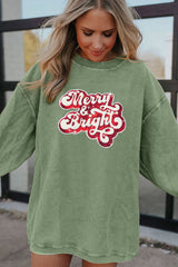 Grass Green Merry & Bright Sequin Ribbed Crew Neck Sweatshirt Graphic Sweatshirts JT's Designer Fashion