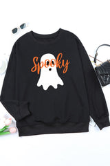 Black Halloween Spooky Ghost Print Crewneck Pullover Sweatshirt Graphic Sweatshirts JT's Designer Fashion