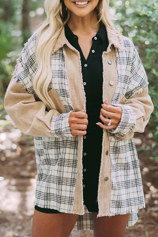Khaki Distressed Raw Edge Plaid Patchwork Denim Jacket Denim jackets JT's Designer Fashion