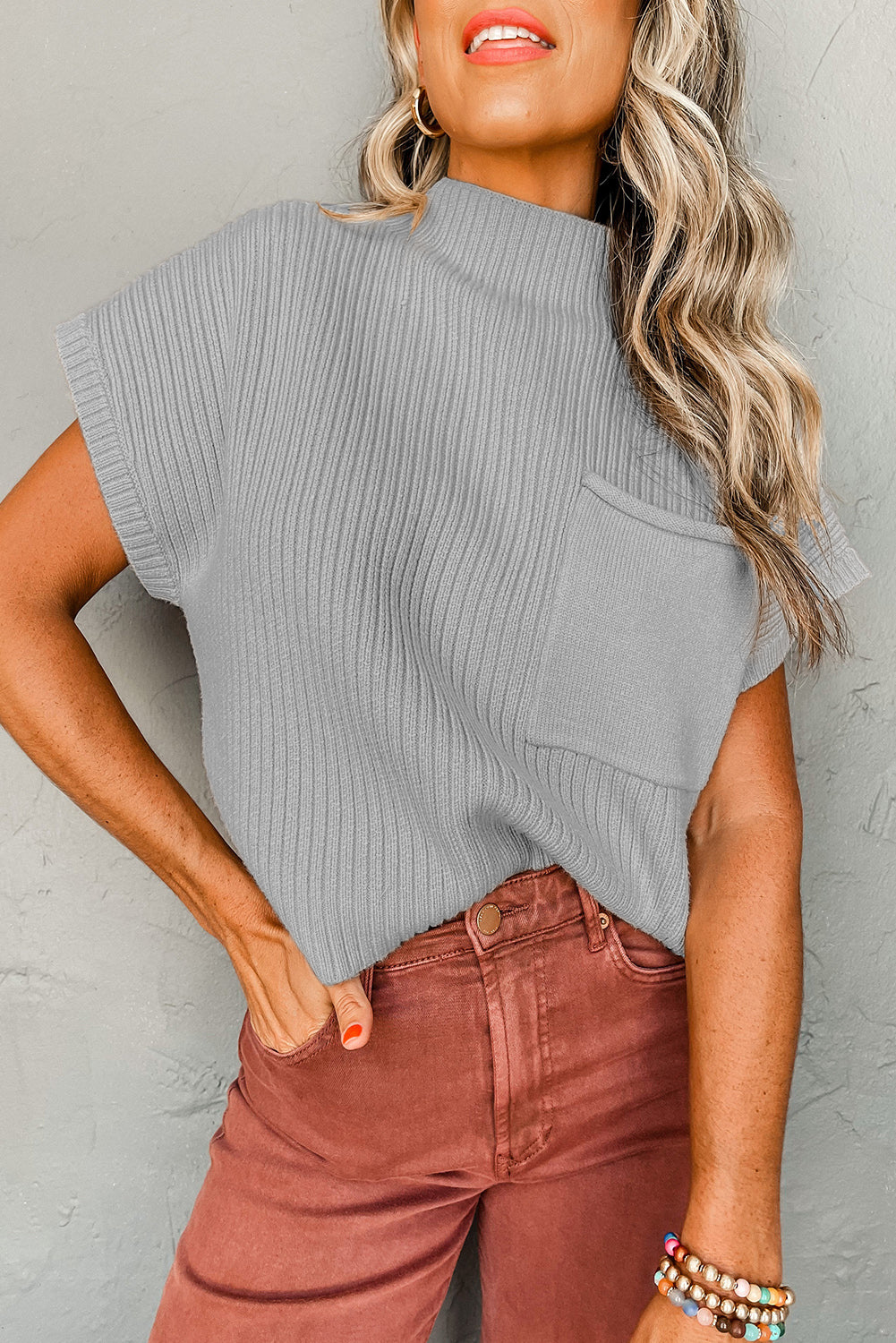 Gray Patch Pocket Ribbed Knit Short Sleeve Sweater Sweaters & Cardigans JT's Designer Fashion