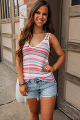 White Stripe Pointelle Knit V Neck Tank Top Sweaters & Cardigans JT's Designer Fashion