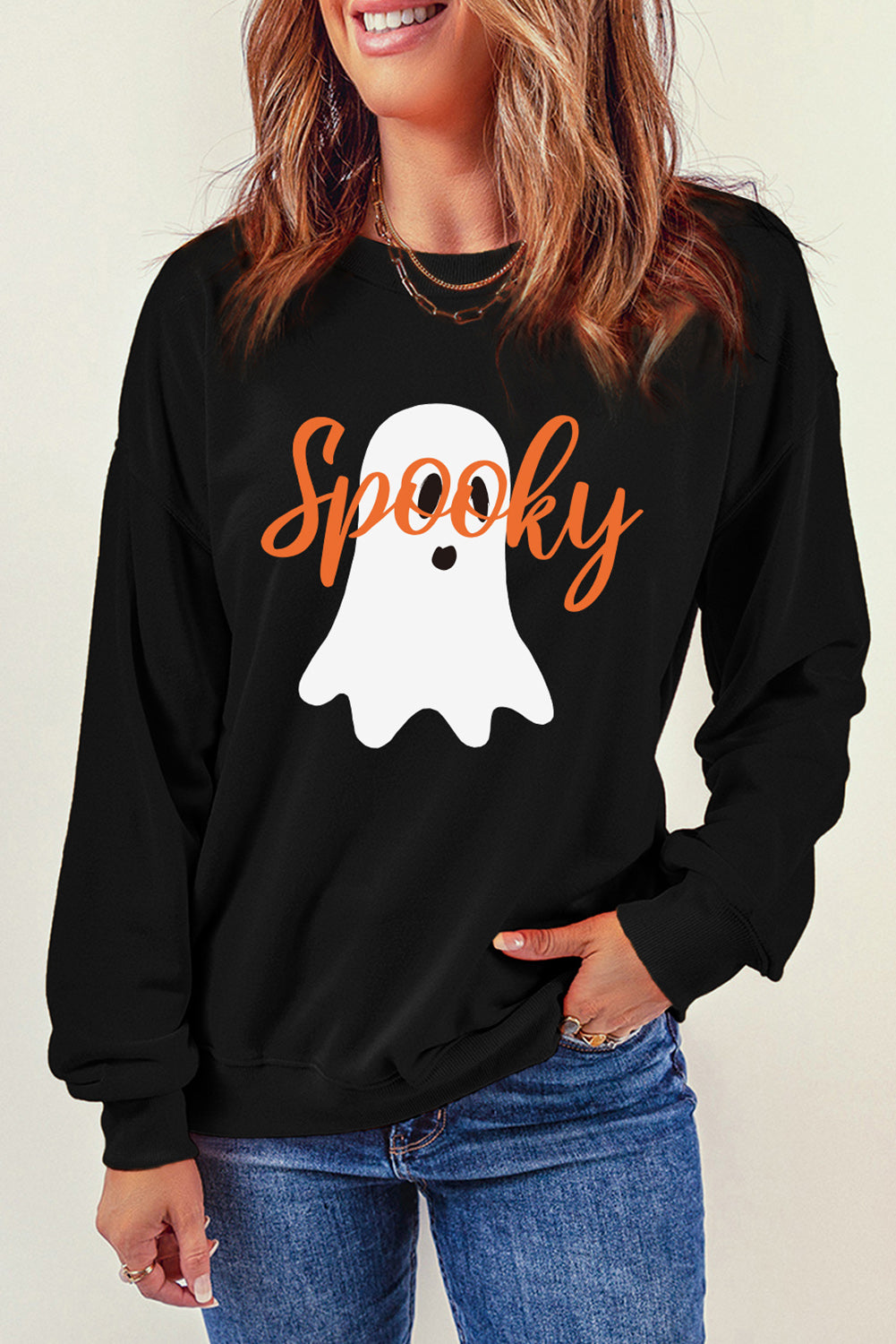 Black Halloween Spooky Ghost Print Crewneck Pullover Sweatshirt Graphic Sweatshirts JT's Designer Fashion
