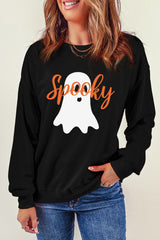 Black Halloween Spooky Ghost Print Crewneck Pullover Sweatshirt Graphic Sweatshirts JT's Designer Fashion