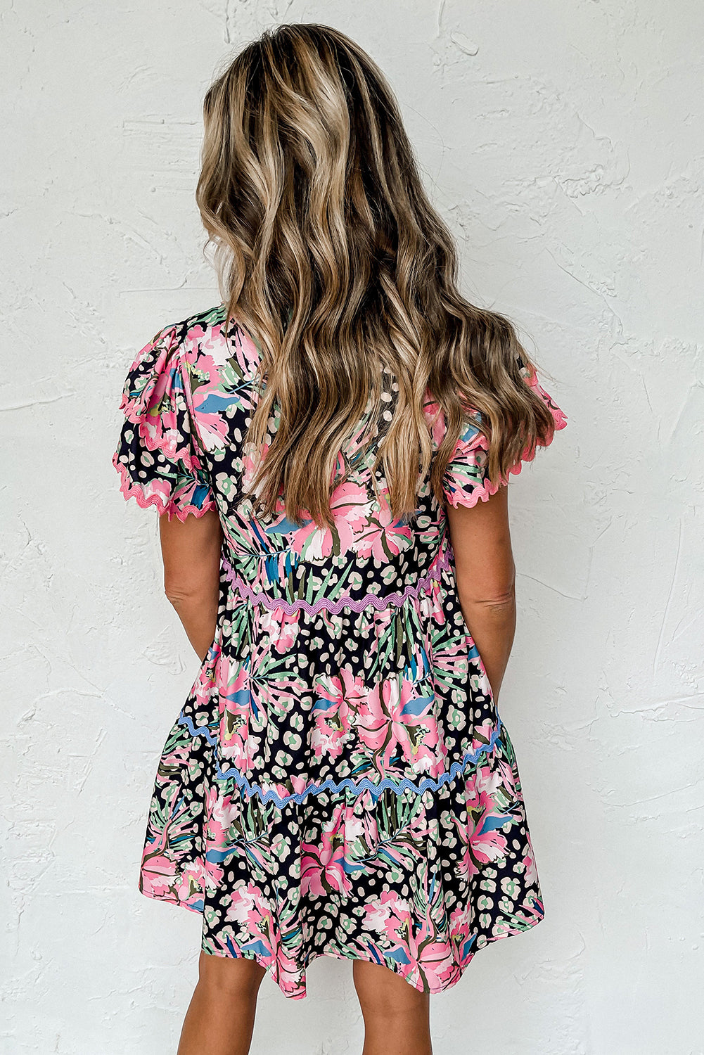 Pink Wavy Embellished Floral Print Mini Dress Dresses JT's Designer Fashion