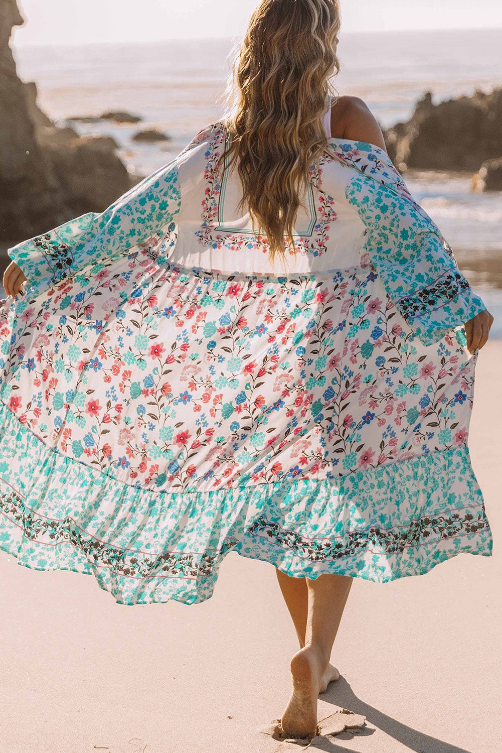 Multicolor Long Sleeve Tassel Tie Floral Kimono Kimonos JT's Designer Fashion