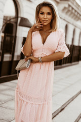 Swiss Dot Lace Trim Long Dress Maxi Dresses JT's Designer Fashion