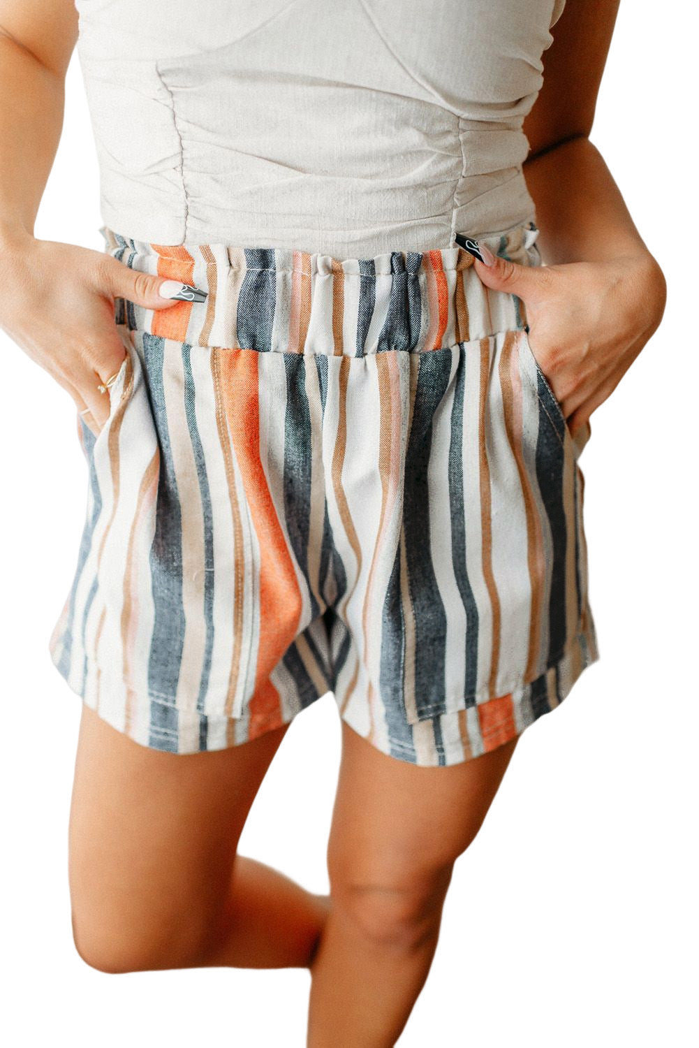 Stripe Vintage Washed Elastic Frill Waist Casual Shorts Casual Shorts JT's Designer Fashion