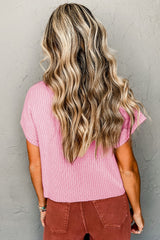 Pink Patch Pocket Ribbed Knit Short Sleeve Sweater Sweaters & Cardigans JT's Designer Fashion