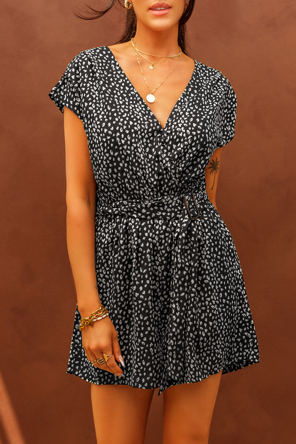 Black Leopard Print Belted V Neck Short Sleeve Romper Jumpsuits & Rompers JT's Designer Fashion