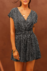 Black Leopard Print Belted V Neck Short Sleeve Romper Jumpsuits & Rompers JT's Designer Fashion