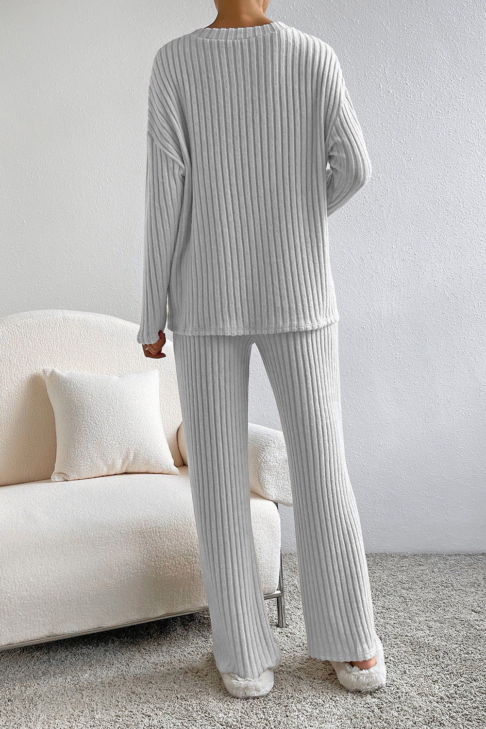 Light Grey Ribbed Knit V Neck Slouchy Two-piece Outfit Bottoms JT's Designer Fashion