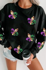 Black Sequin Mardi Gras Graphic Pullover Sweatshirt Black 70%Polyester+30%Cotton Graphic Sweatshirts JT's Designer Fashion
