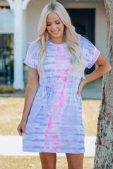 Women Tie-Dye Belted T-Shirt Dress Multi Mini Dresses JT's Designer Fashion