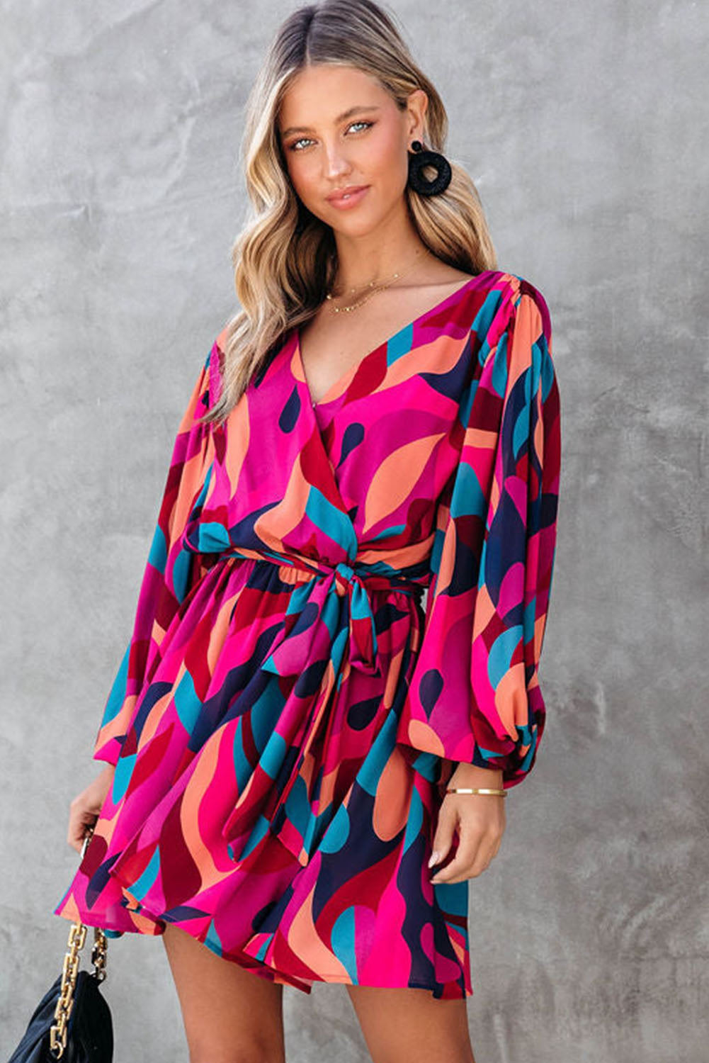 Red Abstract Printed Belted Puff Sleeve Mini Dress Mini Dresses JT's Designer Fashion