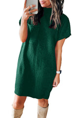 Blackish Green Patch Pocket Ribbed Knit Short Sleeve Sweater Dress Dresses JT's Designer Fashion