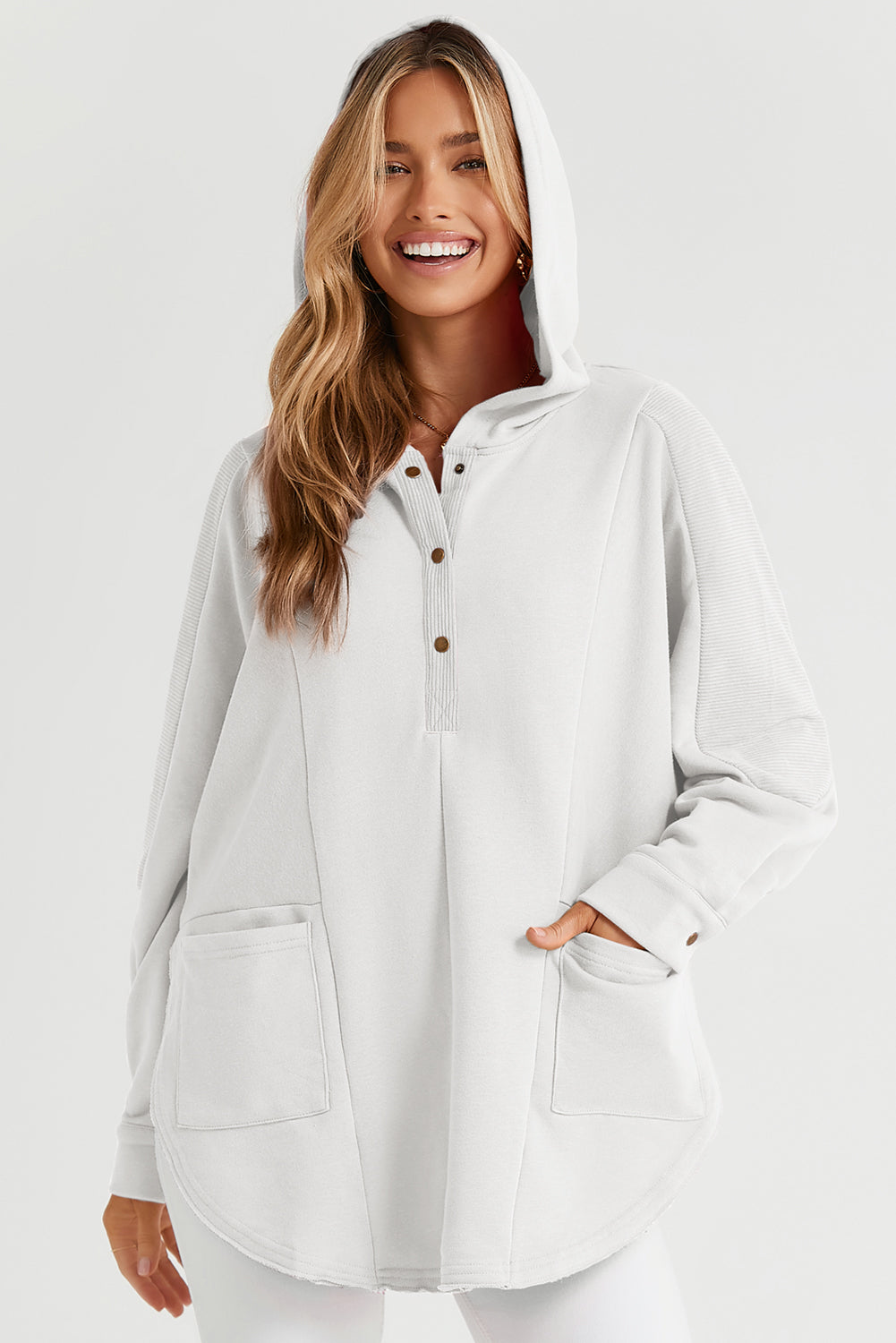 White Patchwork Side Pockets Oversized Henley Hoodie Sweatshirts & Hoodies JT's Designer Fashion