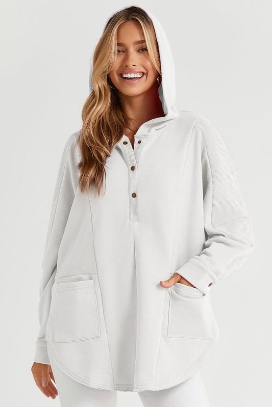 White Patchwork Side Pockets Oversized Henley Hoodie Sweatshirts & Hoodies JT's Designer Fashion