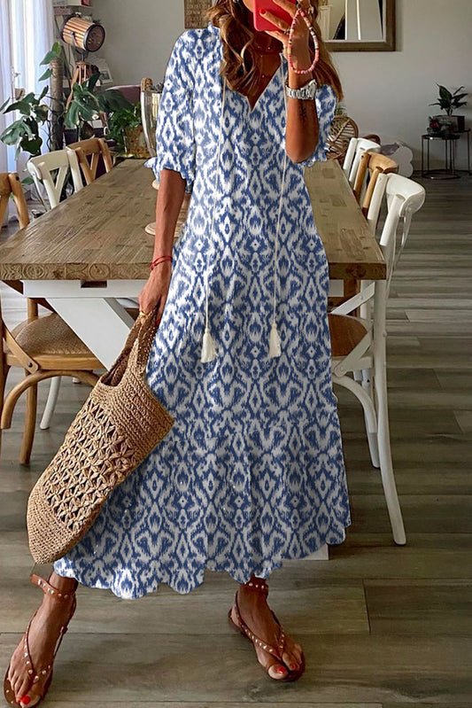 Sky Blue V Neck Casual Geometric Print Long Dress Sky Blue 100%Polyester Maxi Dresses JT's Designer Fashion