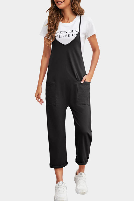 Black Pocketed Adjustable Spaghetti Strap Straight Leg Jumpsuit Black 95%Polyester+5%Elastane Jumpsuits & Rompers JT's Designer Fashion