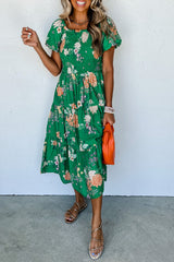 Green Floral Bubble Sleeve Smocked Tiered Long Dress Dresses JT's Designer Fashion
