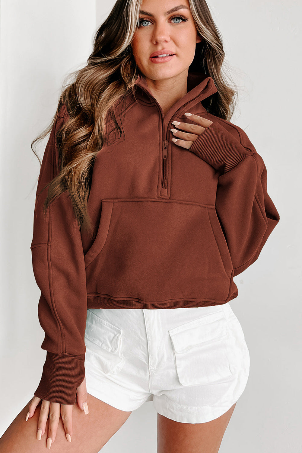 Brown Zip Up Stand Collar Ribbed Thumbhole Sleeve Sweatshirt Sweatshirts & Hoodies JT's Designer Fashion