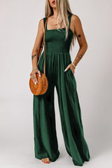Green Smocked Sleeveless Wide Leg Jumpsuit with Pockets Jumpsuits & Rompers JT's Designer Fashion