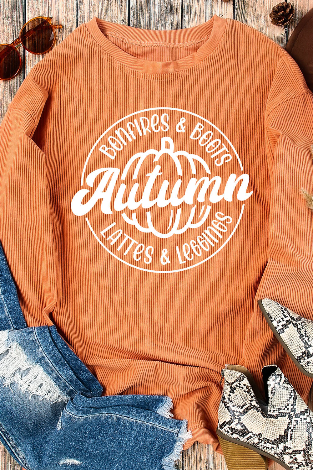 Orange Autumn Pumpkin Graphic Print Corded Oversized Sweatshirt Graphic Sweatshirts JT's Designer Fashion
