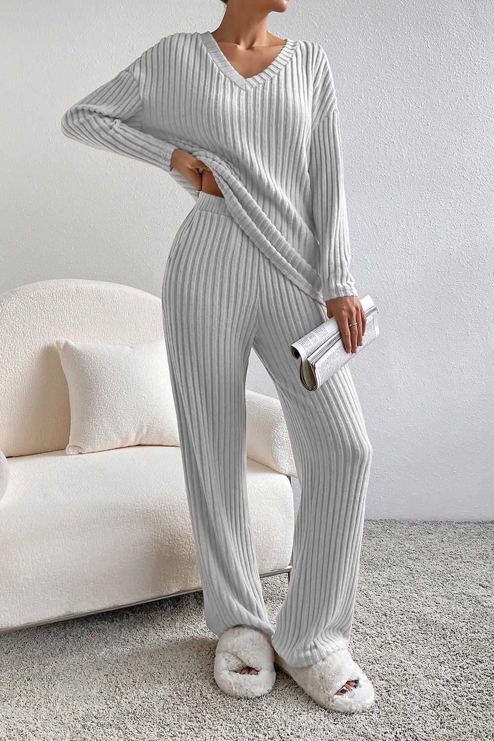 Light Grey Ribbed Knit V Neck Slouchy Two-piece Outfit Bottoms JT's Designer Fashion