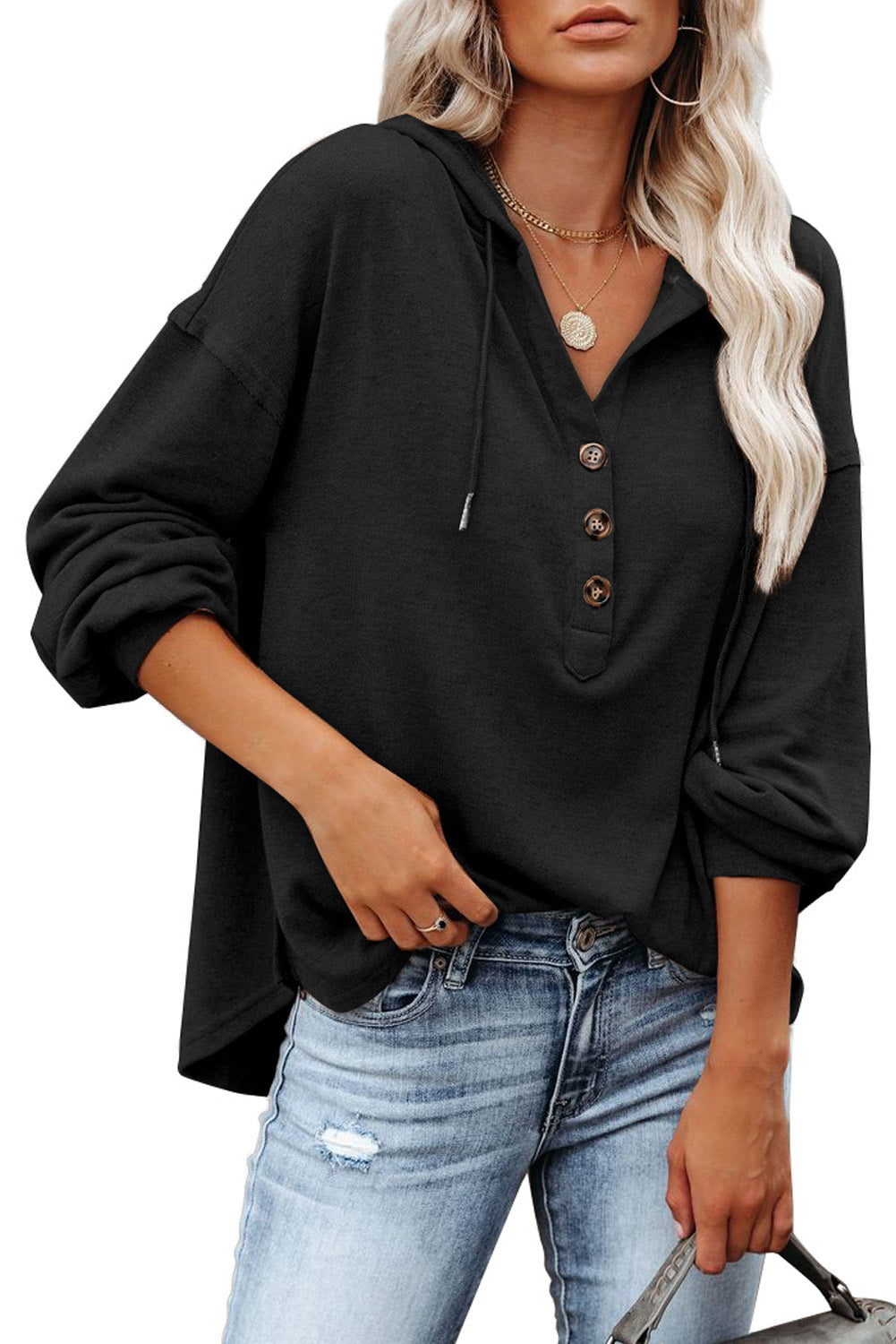 Black Buttoned High and Low Hem Hoodie Sweatshirts & Hoodies JT's Designer Fashion