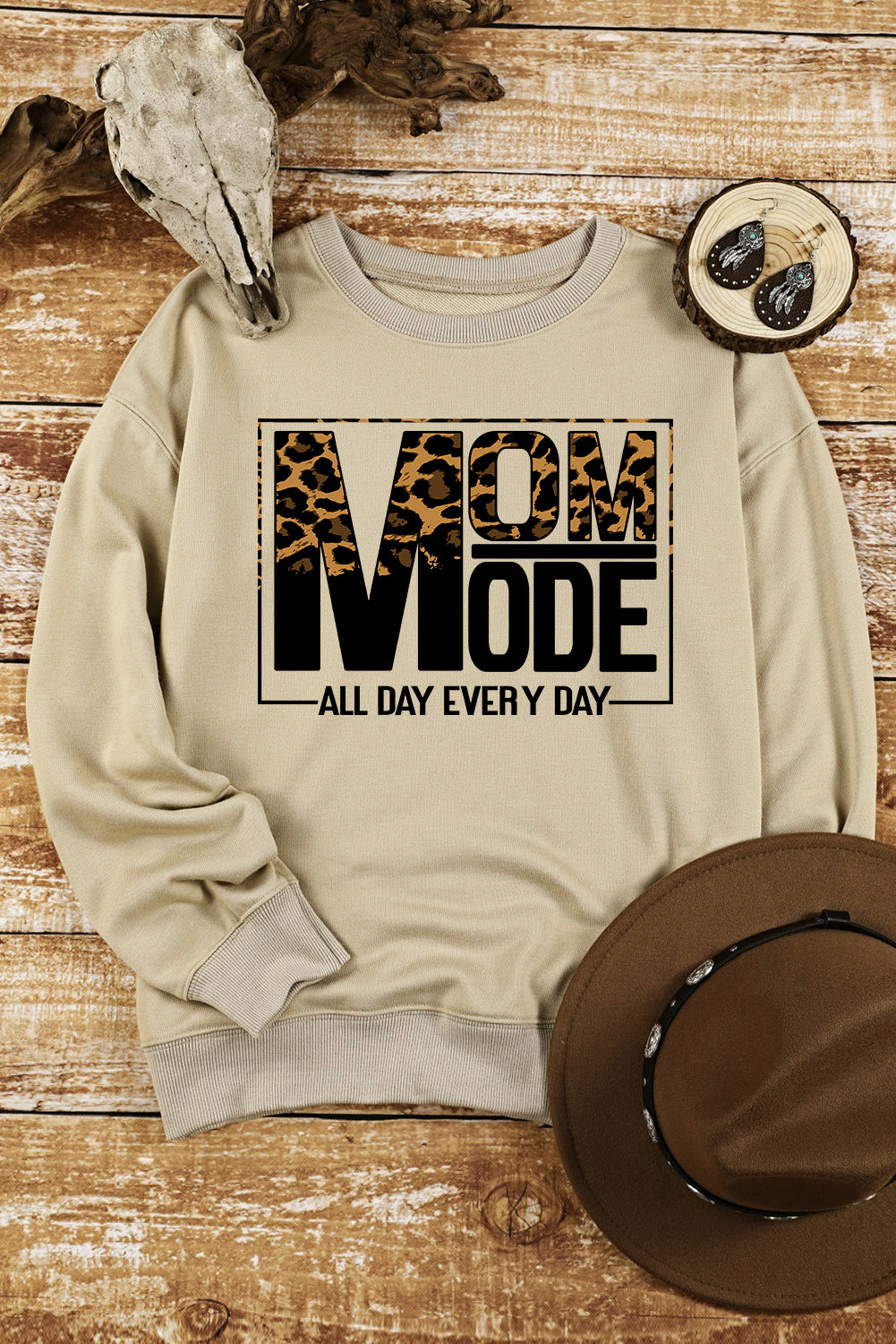 Khaki MOM MODE Leopard Print Long Sleeve Sweatshirt Graphic Sweatshirts JT's Designer Fashion