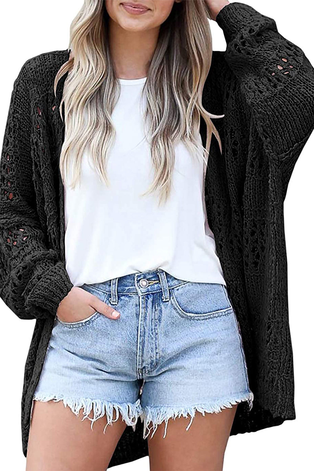 Black White Casual Hollowed Knit Dolman Sleeve Cardigan Sweaters & Cardigans JT's Designer Fashion