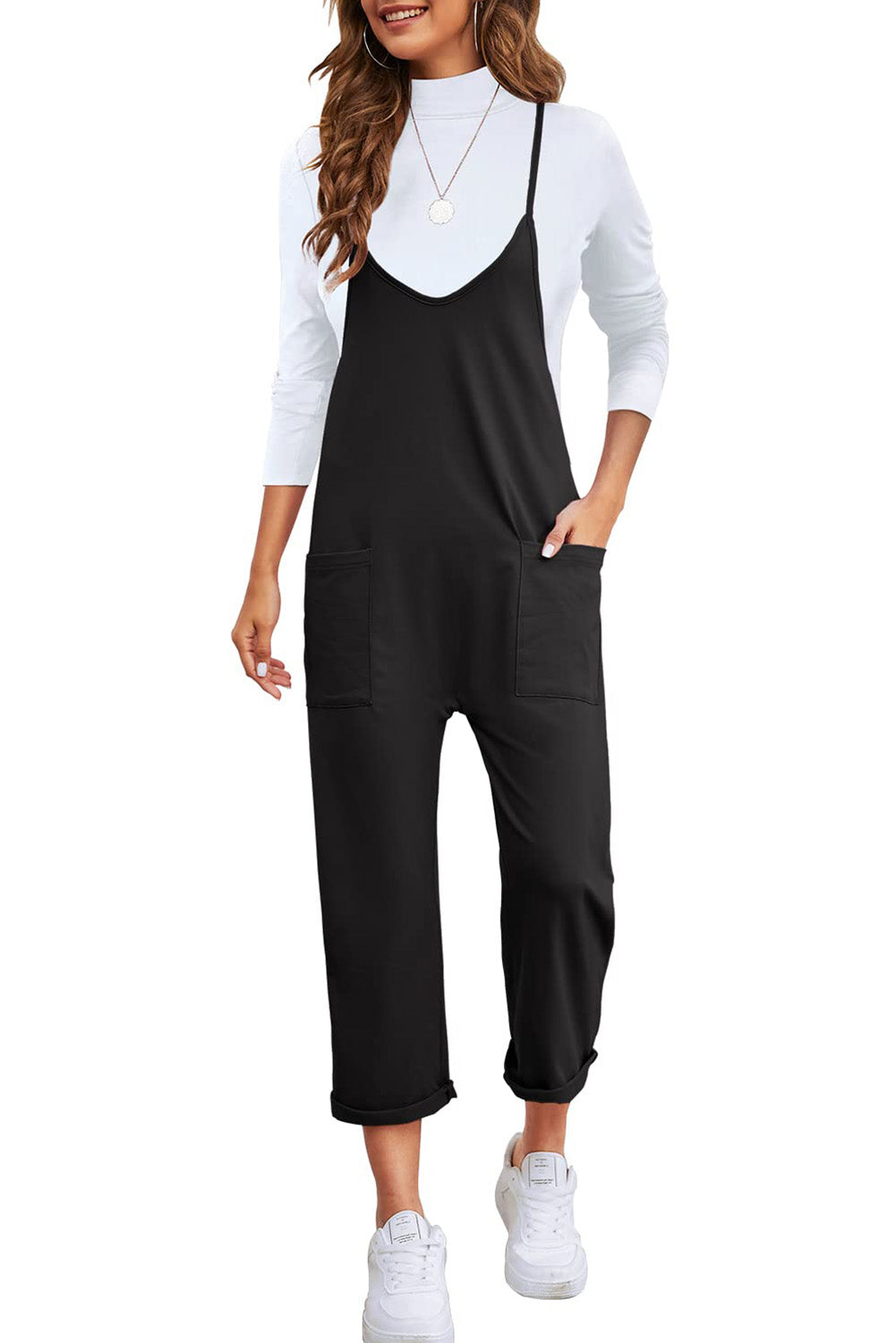 Black Pocketed Adjustable Spaghetti Strap Straight Leg Jumpsuit Jumpsuits & Rompers JT's Designer Fashion