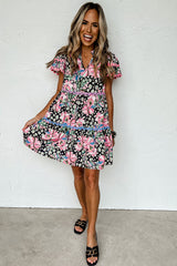 Pink Wavy Embellished Floral Print Mini Dress Dresses JT's Designer Fashion