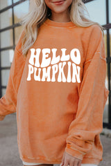 Orange HELLO PUMPKIN Letter Graphic Corded Sweatshirt Graphic Sweatshirts JT's Designer Fashion