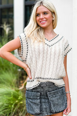 White Contrast Trim V Neck Cable Knit Sweater Vest Sweaters & Cardigans JT's Designer Fashion