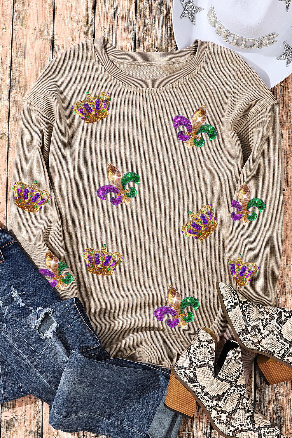 Khaki Mardi Gras Sequin Crown Fleur De Lis Corded Sweatshirt Graphic Sweatshirts JT's Designer Fashion