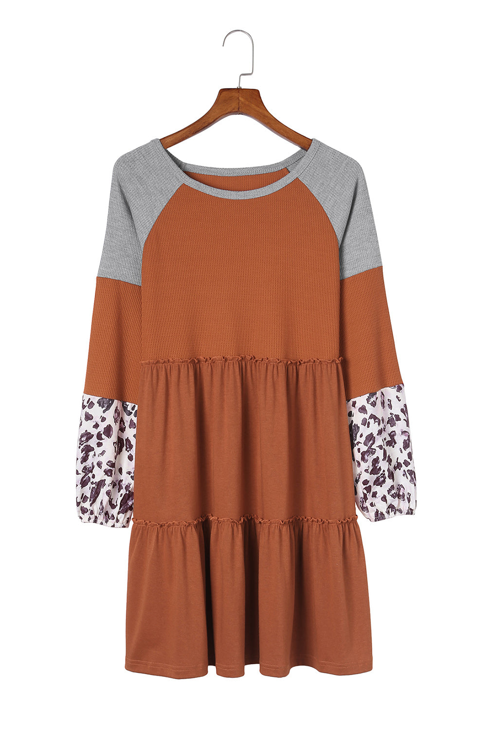 Brown Waffle Knit Leopard Patchwork Long Sleeve Dress Mini Dresses JT's Designer Fashion