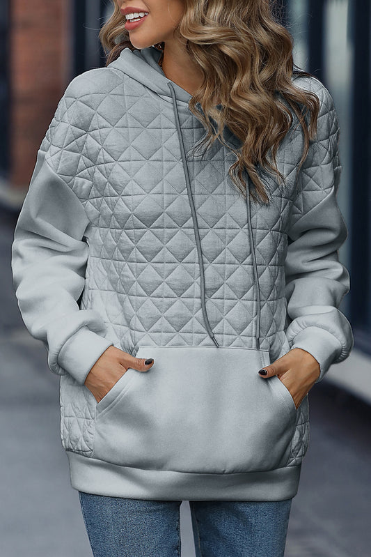 Light Grey Drop Shoulder Kangaroo Pocket Patchwork Quilted Hoodie Sweatshirts & Hoodies JT's Designer Fashion