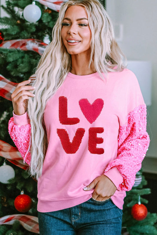 Pink Valentines LOVE Graphic Sequin Sleeve Top Pink 65%Polyester+35%Cotton Graphic Sweatshirts JT's Designer Fashion