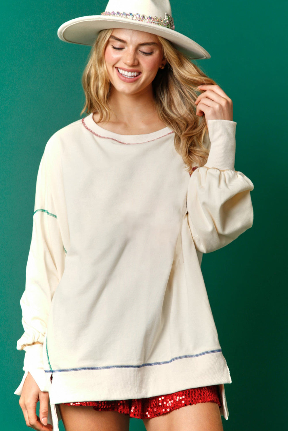 White Contrast Stitching Split Baggy Sweatshirt Sweatshirts & Hoodies JT's Designer Fashion