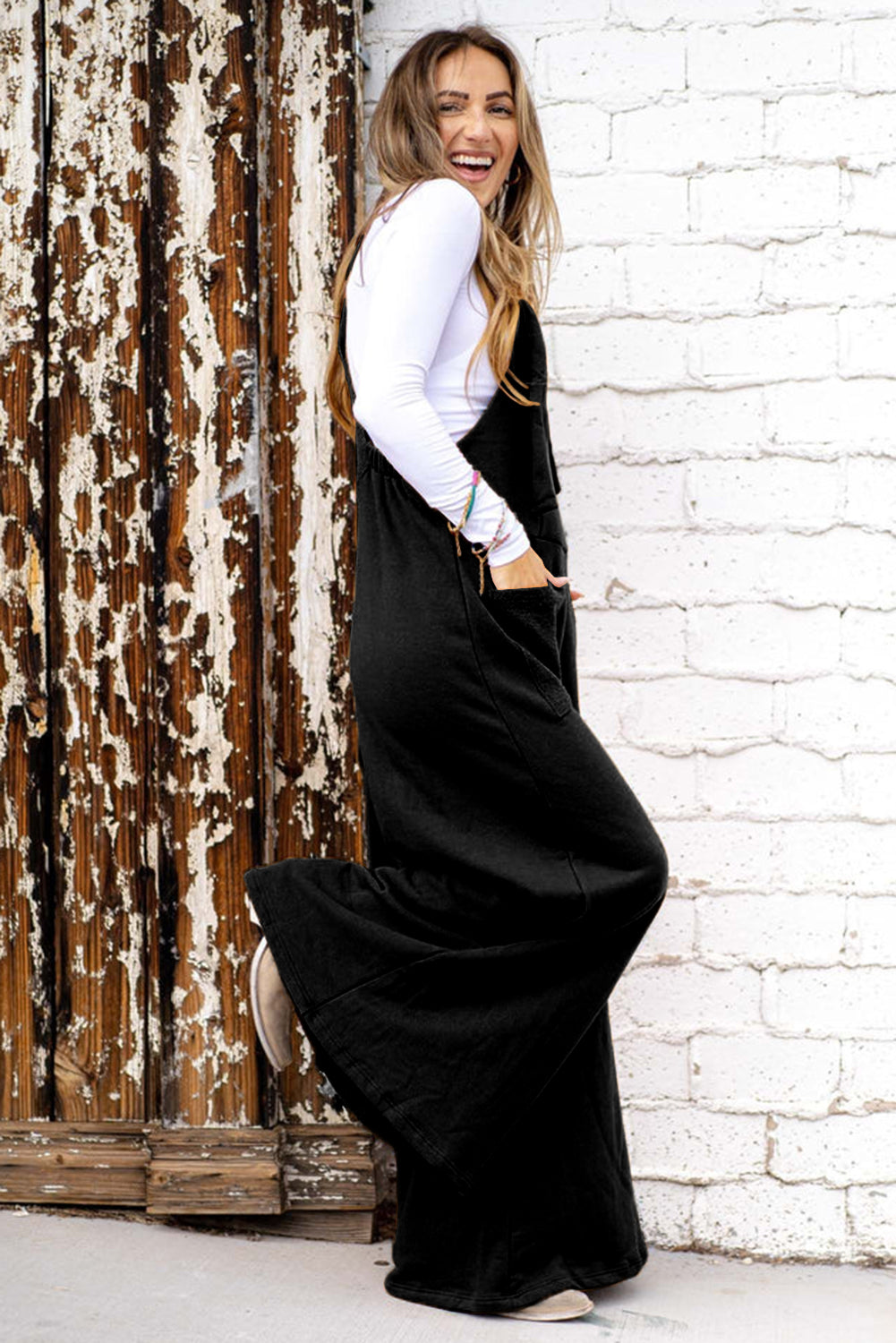 Black Knotted Straps Patch Pocket Wide Leg Jumpsuit Bottoms JT's Designer Fashion